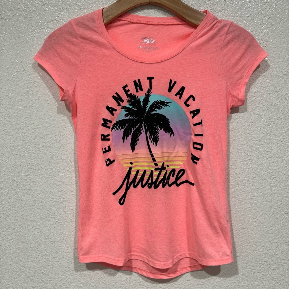 Kids Justice Girls Orange Black Permanent Vacation Palm Tree Graphic T-Shirt L